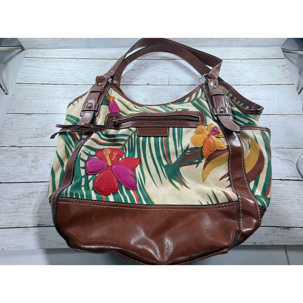 St Johns Bay Tropical Canvas Hobo Bag Floral Leather Applique Brown‎ Green Tote